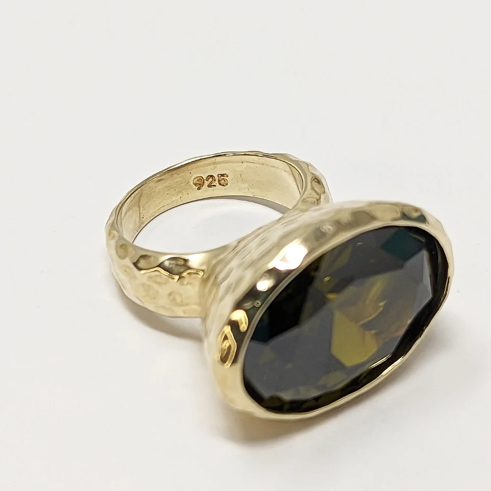 18 grams sterling silver 925 gold plated hammered green gemstone ring bezel set - Picture 5 of 6